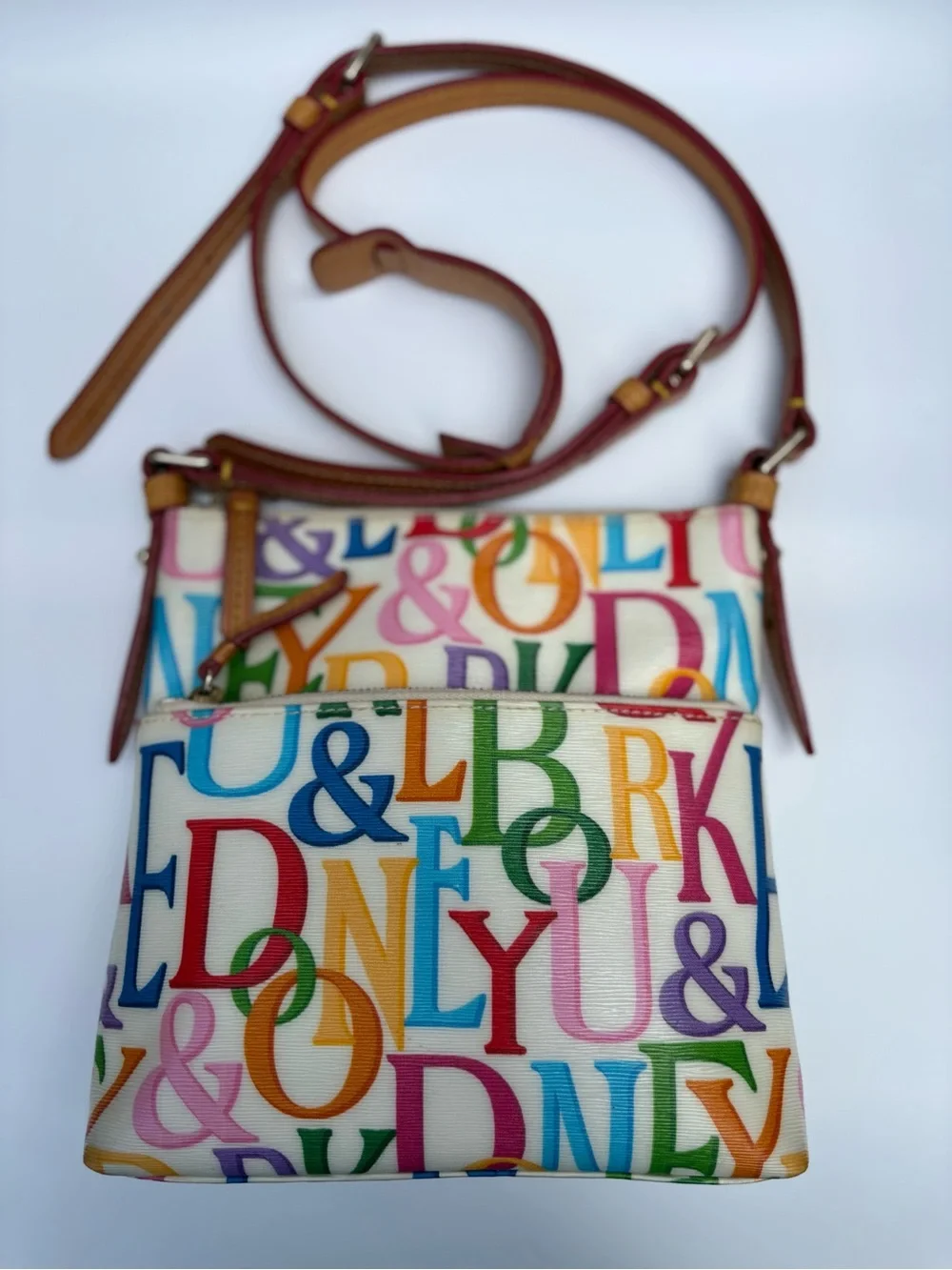 Dooney & Bourke Vintage Multicolor Logo Carrier Crossbody Gold Hardware